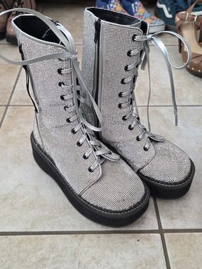 Metallic Silver Lace-Up Platform Boots - Women's